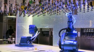 Robot bartenders at work.